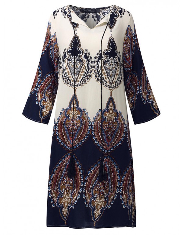 Plus Size Floral Women Dress V-neck Tied Rope Dresses