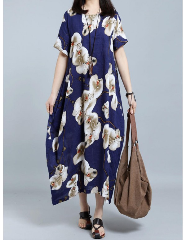 O-NEWE Women Loose Printed Short Sleeves Drsses