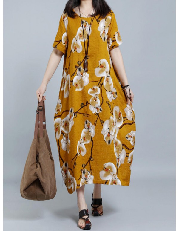 O-NEWE Women Loose Printed Short Sleeves Drsses