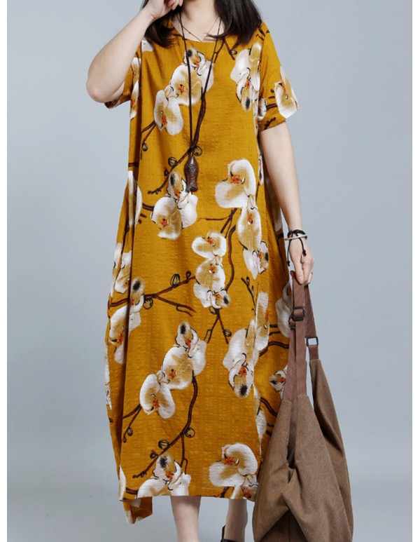 O-NEWE Women Loose Printed Short Sleeves Drsses