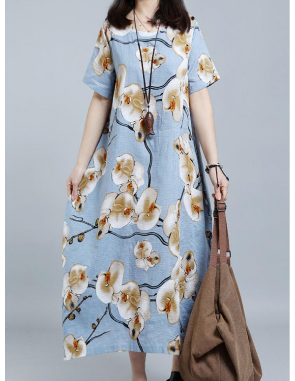 O-NEWE Women Loose Printed Short Sleeves Drsses