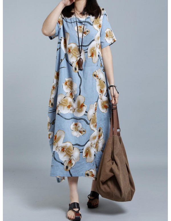 O-NEWE Women Loose Printed Short Sleeves Drsses