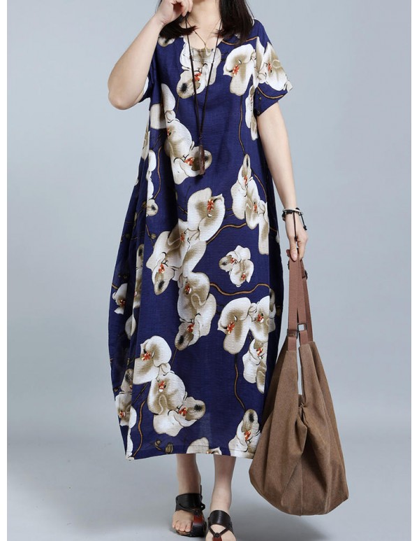 O-NEWE Women Loose Printed Short Sleeves Drsses