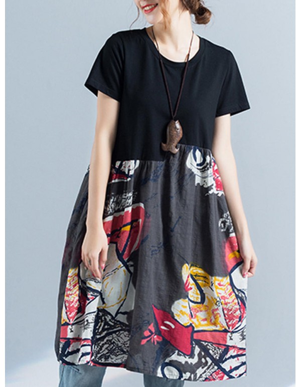 Women Print Patchwork Dress Short Sleeve O Neck Pockets Dress