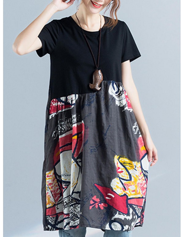 Women Print Patchwork Dress Short Sleeve O Neck Pockets Dress