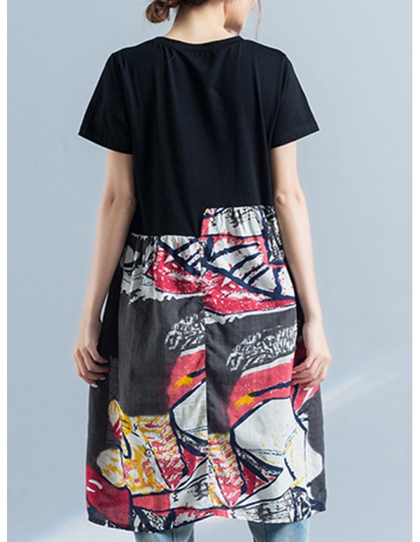 Women Print Patchwork Dress Short Sleeve O Neck Pockets Dress