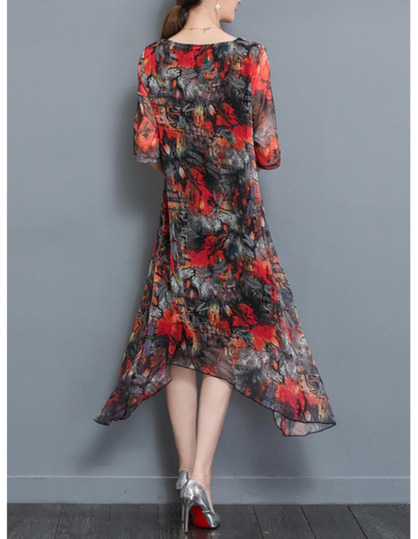 Summer Women Dress Floral Double Fabric Irregular Hem Short Sleeve Dresses