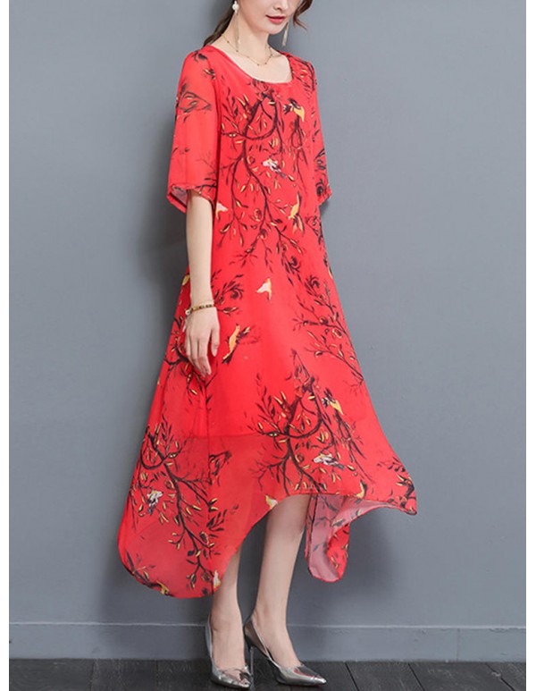 Summer Women Dress Floral Double Fabric Irregular Hem Short Sleeve Dresses