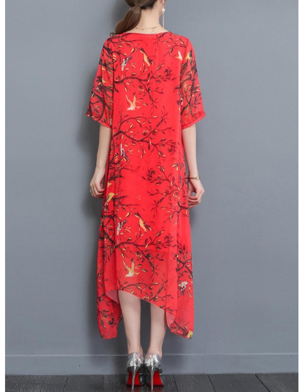 Summer Women Dress Floral Double Fabric Irregular Hem Short Sleeve Dresses