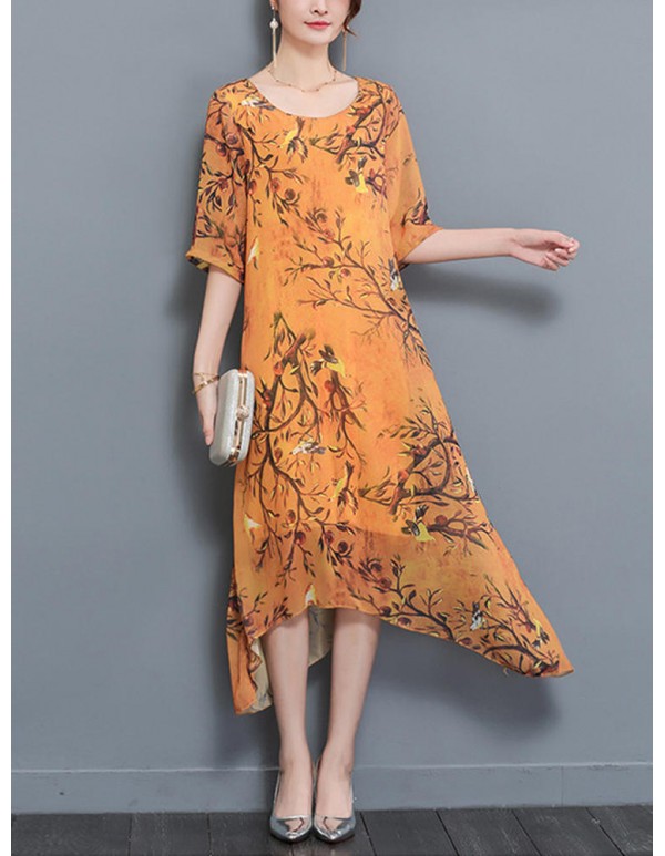 Summer Women Dress Floral Double Fabric Irregular Hem Short Sleeve Dresses