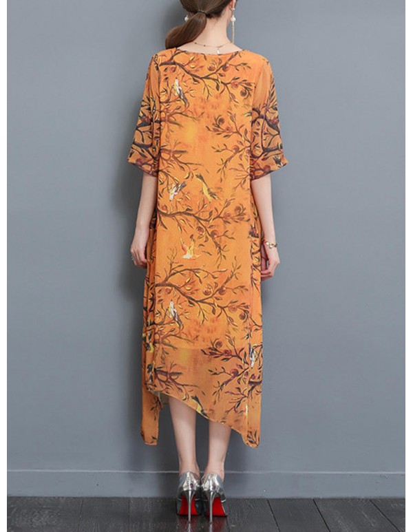 Summer Women Dress Floral Double Fabric Irregular Hem Short Sleeve Dresses