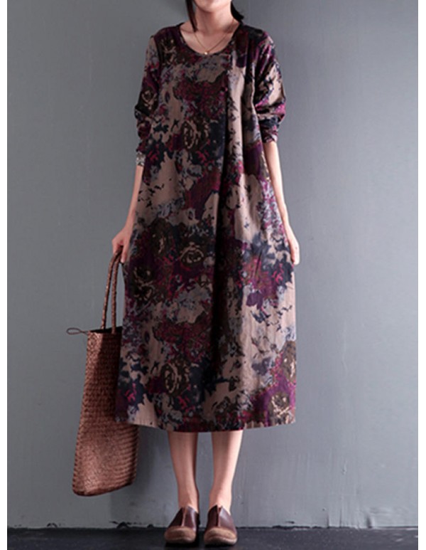 Bohemian Floral Print Vintage Long Sleeve Dress