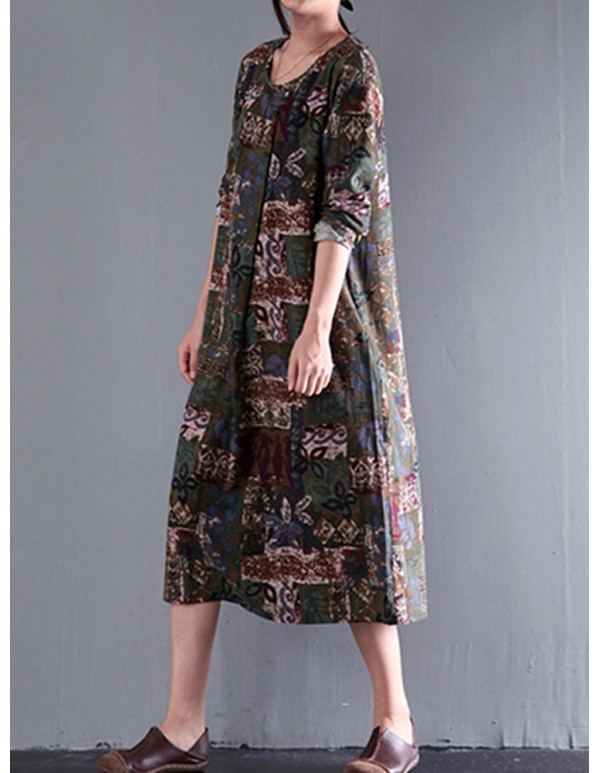 Bohemian Floral Print Vintage Long Sleeve Dress