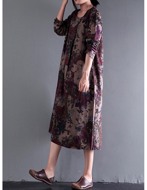 Bohemian Floral Print Vintage Long Sleeve Dress