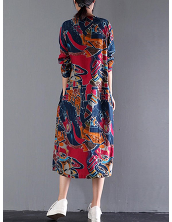 Bohemian Floral Print Vintage Long Sleeve Dress