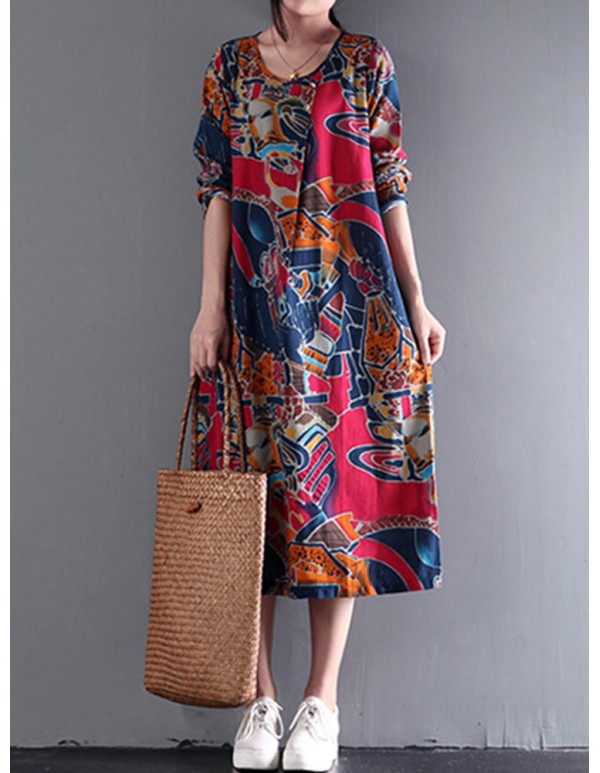 Bohemian Floral Print Vintage Long Sleeve Dress
