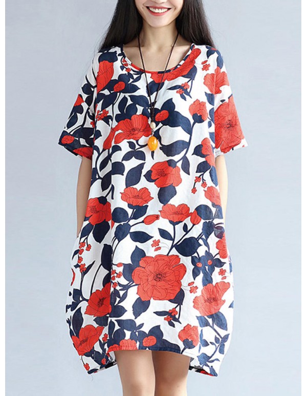 S-5XL Vintage Women Floral Printed Dress