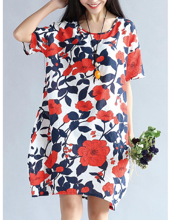 S-5XL Vintage Women Floral Printed Dress