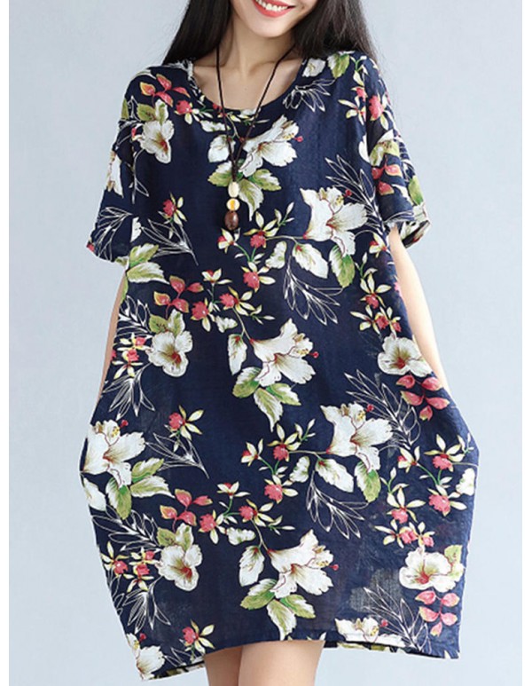 S-5XL Vintage Women Floral Printed Dress