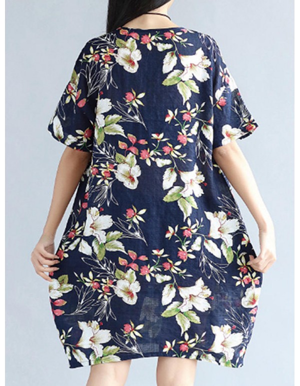 S-5XL Vintage Women Floral Printed Dress