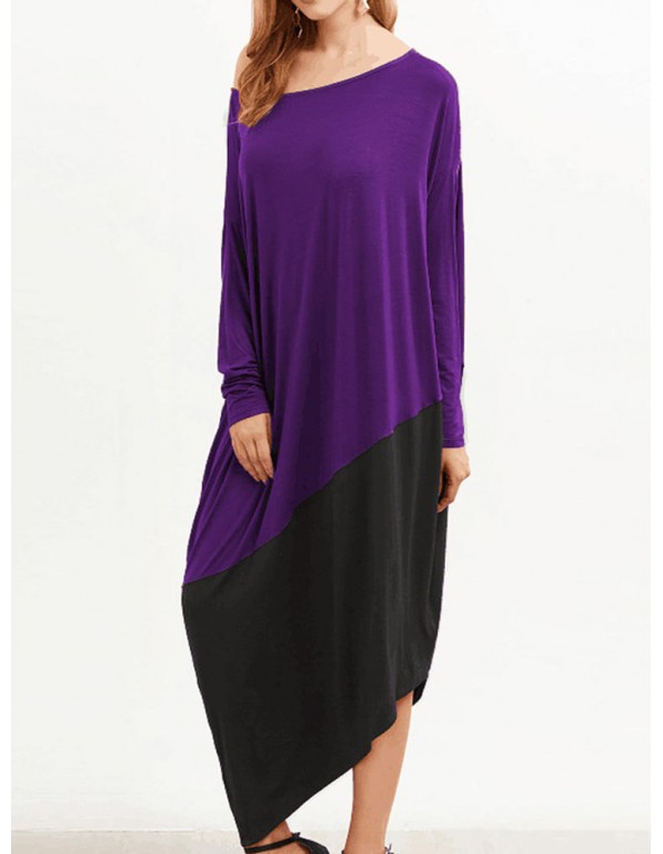 Plus Size Women Patchwork Dress O Neck Long Sleeve  Asymmetrical Hem Dresses