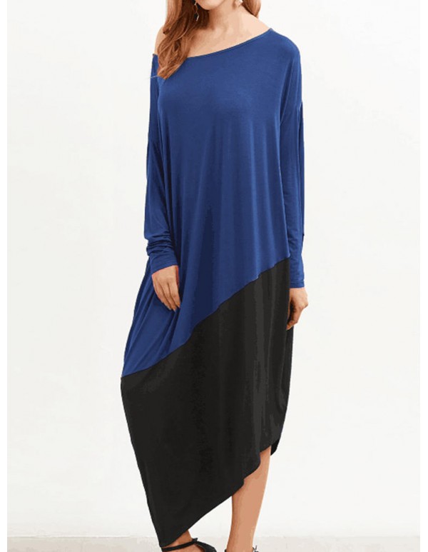 Plus Size Women Patchwork Dress O Neck Long Sleeve  Asymmetrical Hem Dresses