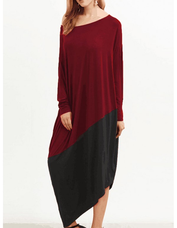 Plus Size Women Patchwork Dress O Neck Long Sleeve  Asymmetrical Hem Dresses