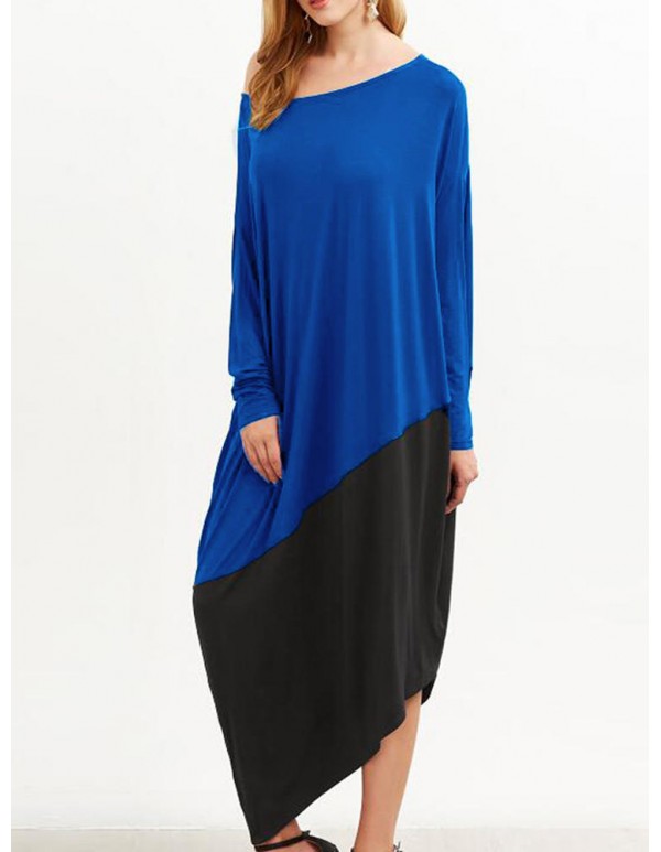 Plus Size Women Patchwork Dress O Neck Long Sleeve  Asymmetrical Hem Dresses