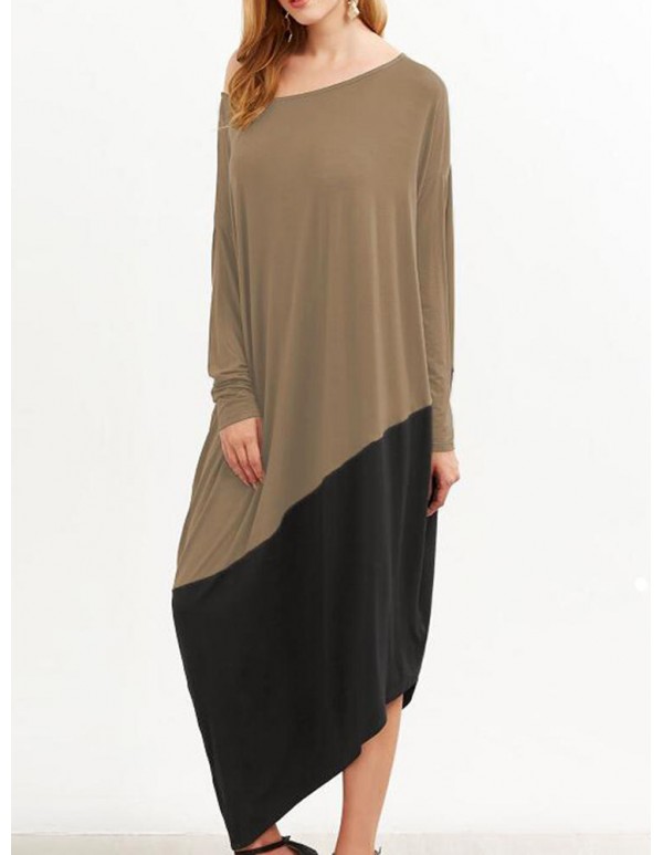 Plus Size Women Patchwork Dress O Neck Long Sleeve  Asymmetrical Hem Dresses