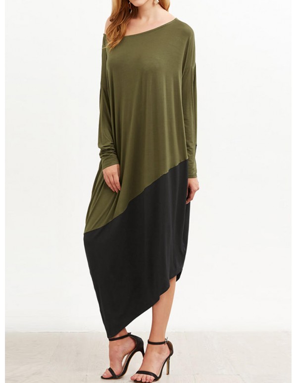 Plus Size Women Patchwork Dress O Neck Long Sleeve  Asymmetrical Hem Dresses