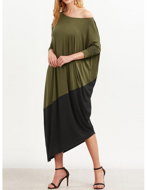 Plus Size Women Patchwork Dress O Neck Long Sleeve  Asymmetrical Hem Dresses