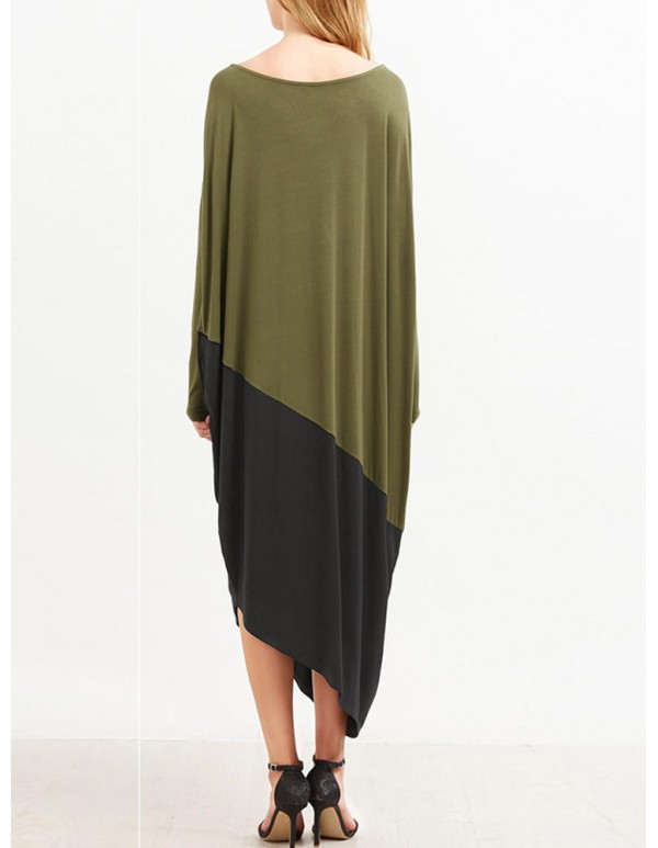 Plus Size Women Patchwork Dress O Neck Long Sleeve  Asymmetrical Hem Dresses