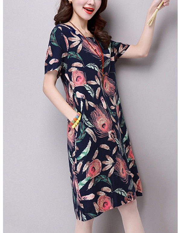 S-5XL Vintage Women Floral Printed Short Sleeve Dress