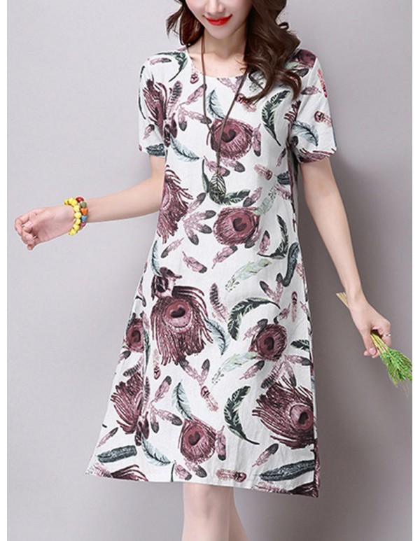 S-5XL Vintage Women Floral Printed Short Sleeve Dress