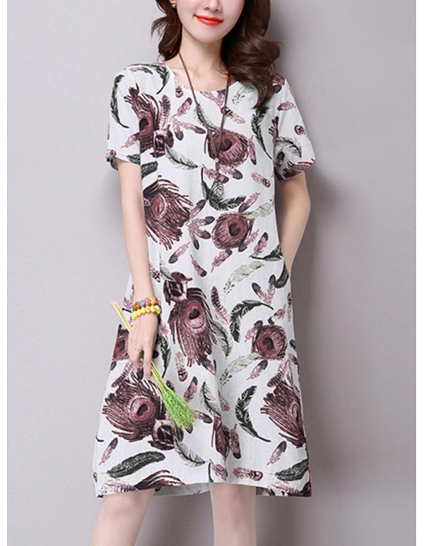 S-5XL Vintage Women Floral Printed Short Sleeve Dress