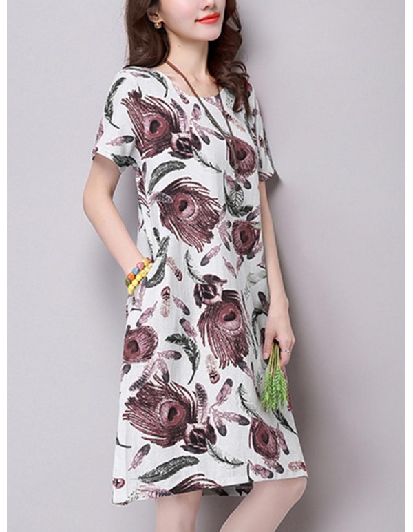 S-5XL Vintage Women Floral Printed Short Sleeve Dress