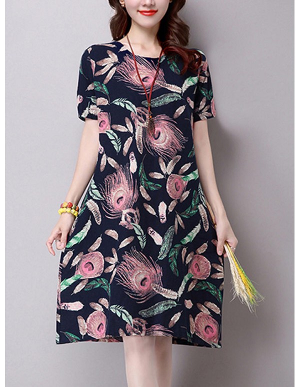 S-5XL Vintage Women Floral Printed Short Sleeve Dress