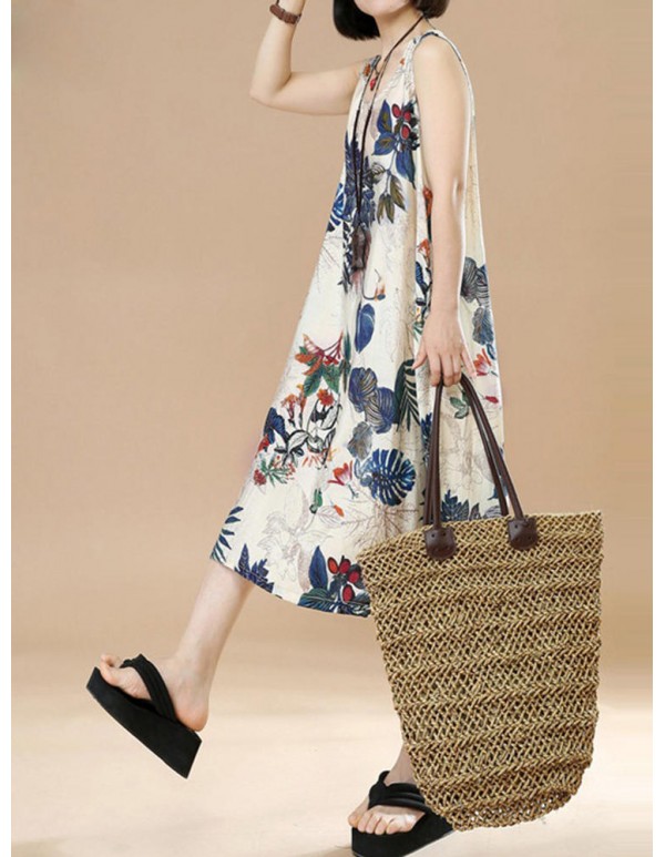 Plus Size Vintage Women Floral Printed Sleeveless Maxi Dresses