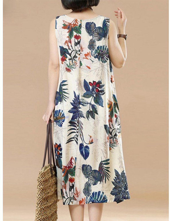 Plus Size Vintage Women Floral Printed Sleeveless Maxi Dresses