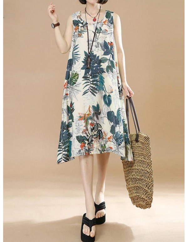 Plus Size Vintage Women Floral Printed Sleeveless Maxi Dresses