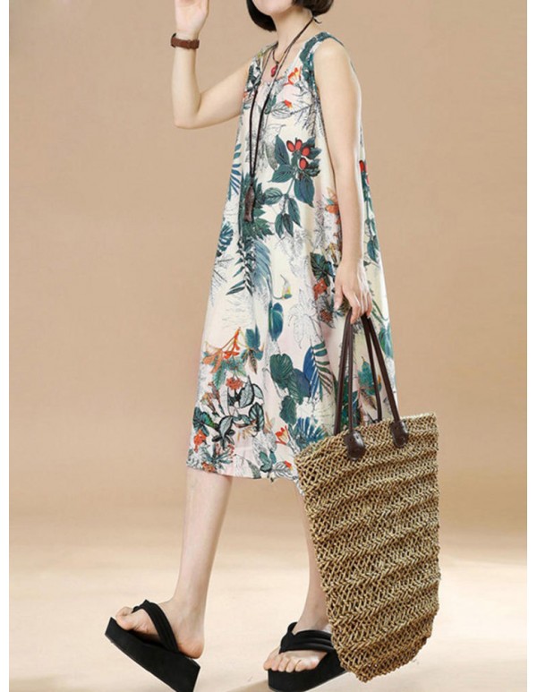 Plus Size Vintage Women Floral Printed Sleeveless Maxi Dresses