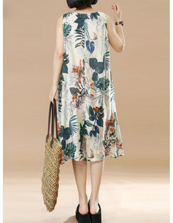 Plus Size Vintage Women Floral Printed Sleeveless Maxi Dresses