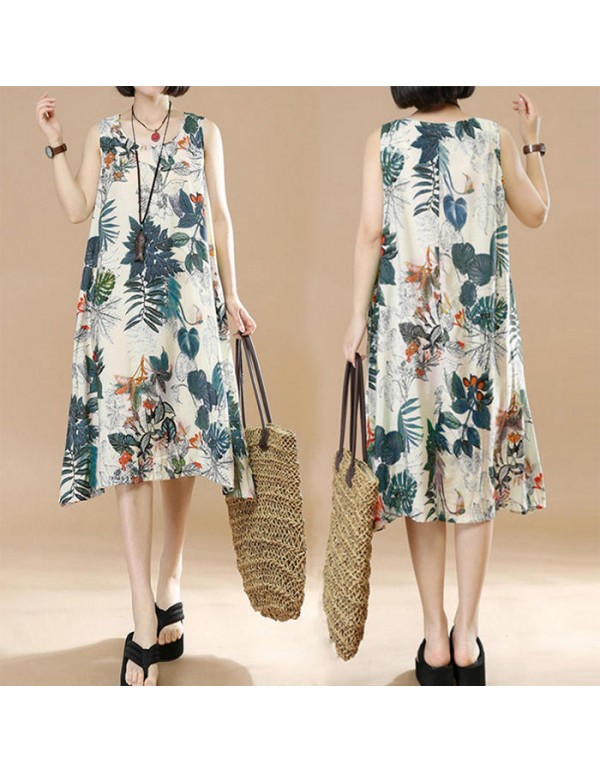 Plus Size Vintage Women Floral Printed Sleeveless Maxi Dresses