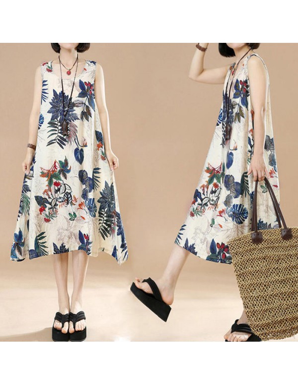 Plus Size Vintage Women Floral Printed Sleeveless Maxi Dresses