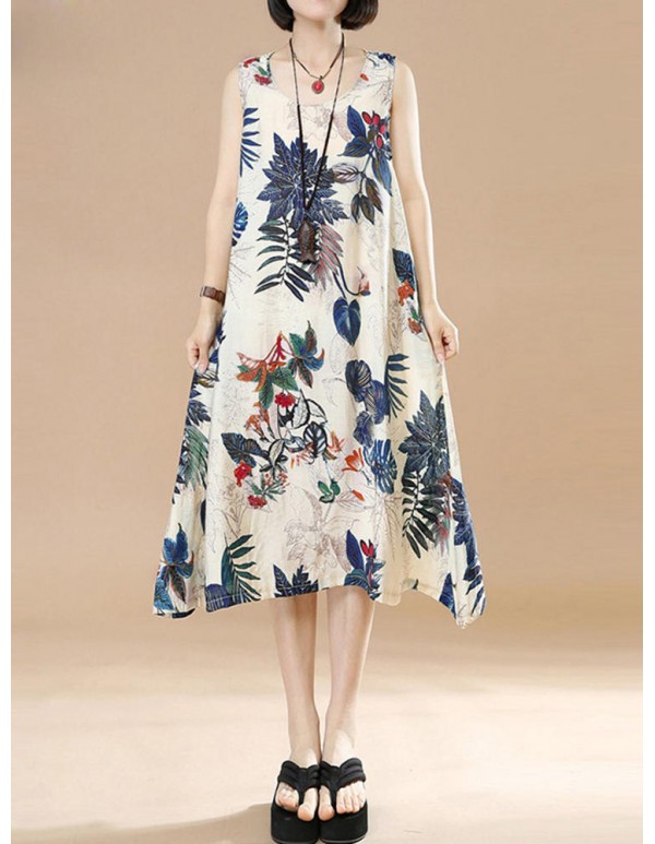 Plus Size Vintage Women Floral Printed Sleeveless Maxi Dresses
