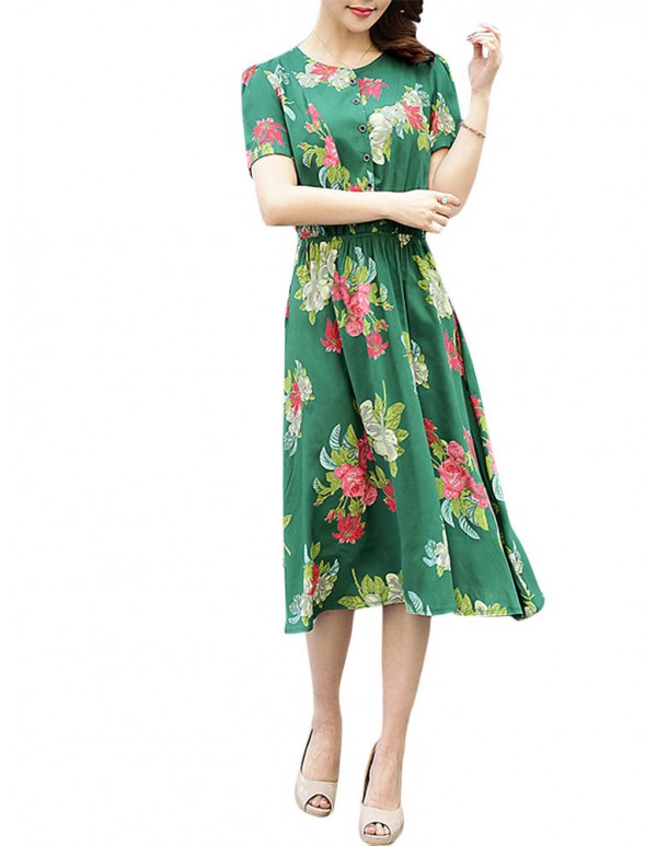Summer Women Dress Silk Button Elastic Waist Hem Floral Dresses
