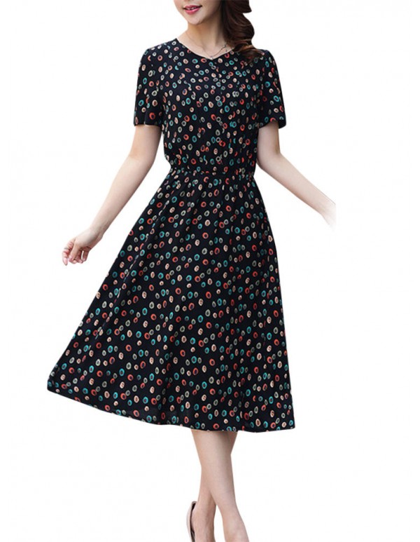 Summer Women Dress Silk Button Elastic Waist Hem Floral Dresses