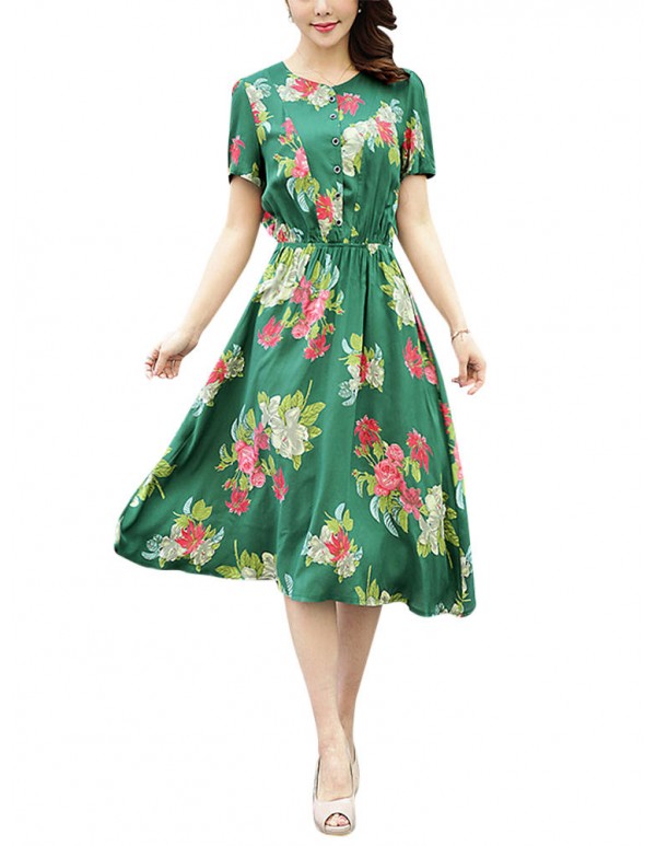 Summer Women Dress Silk Button Elastic Waist Hem Floral Dresses