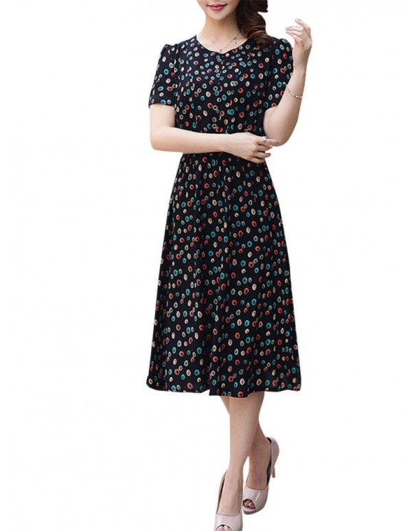 Summer Women Dress Silk Button Elastic Waist Hem Floral Dresses