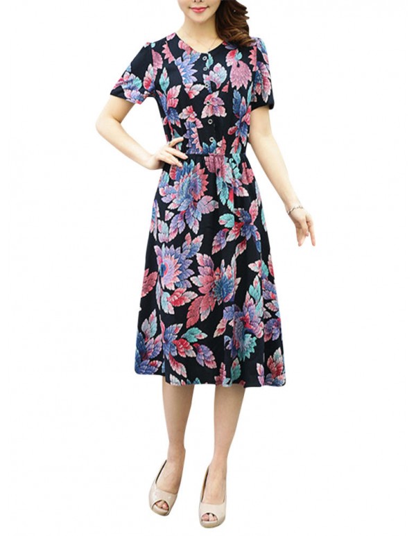 Summer Women Dress Silk Button Elastic Waist Hem Floral Dresses